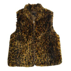 J.Crew Faux Leopard Fur Vest Size L Animal Print Zip Front Stand Collar Pockets